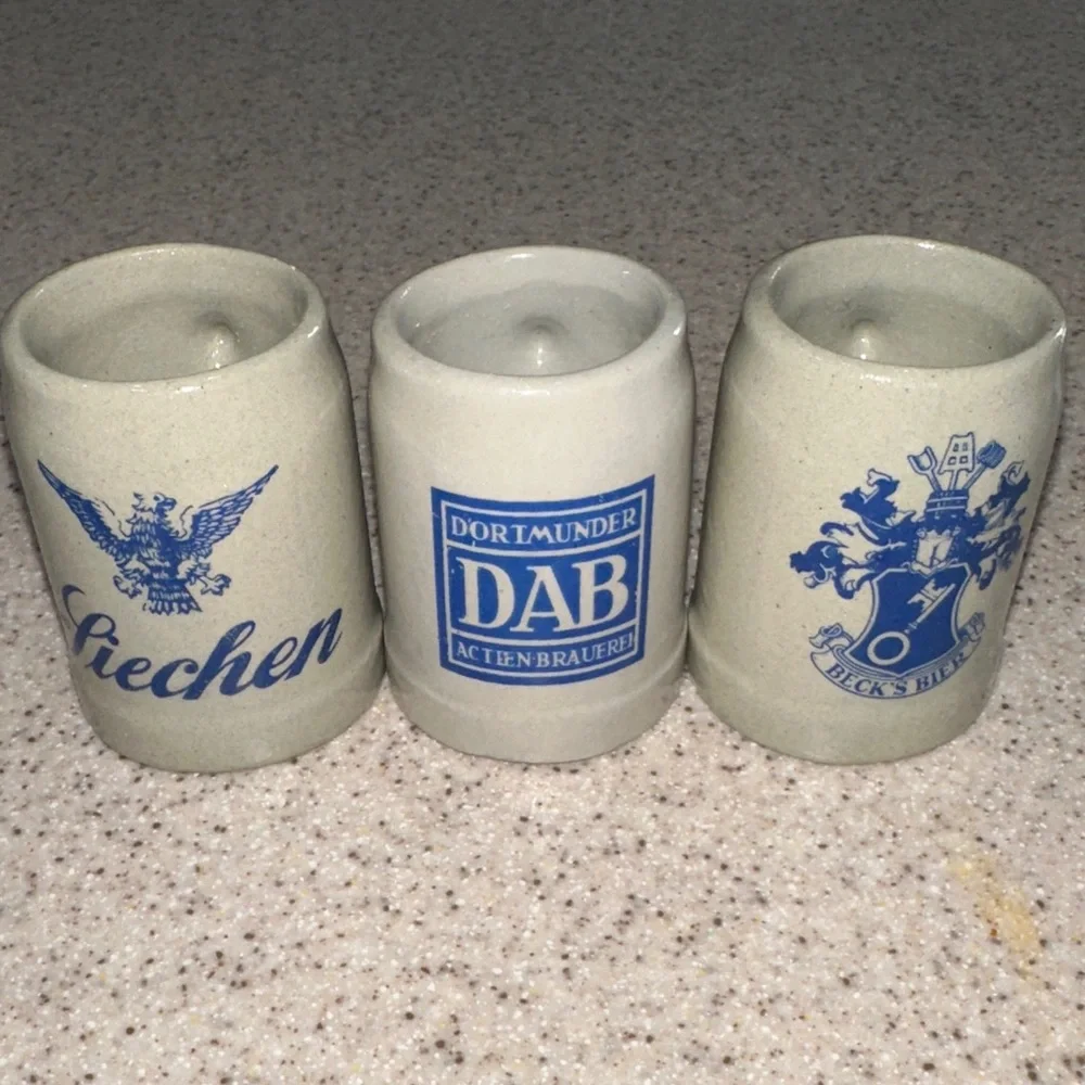 MINI German Beer Steins with Blue Logos, perfect for shot glasses or ornaments